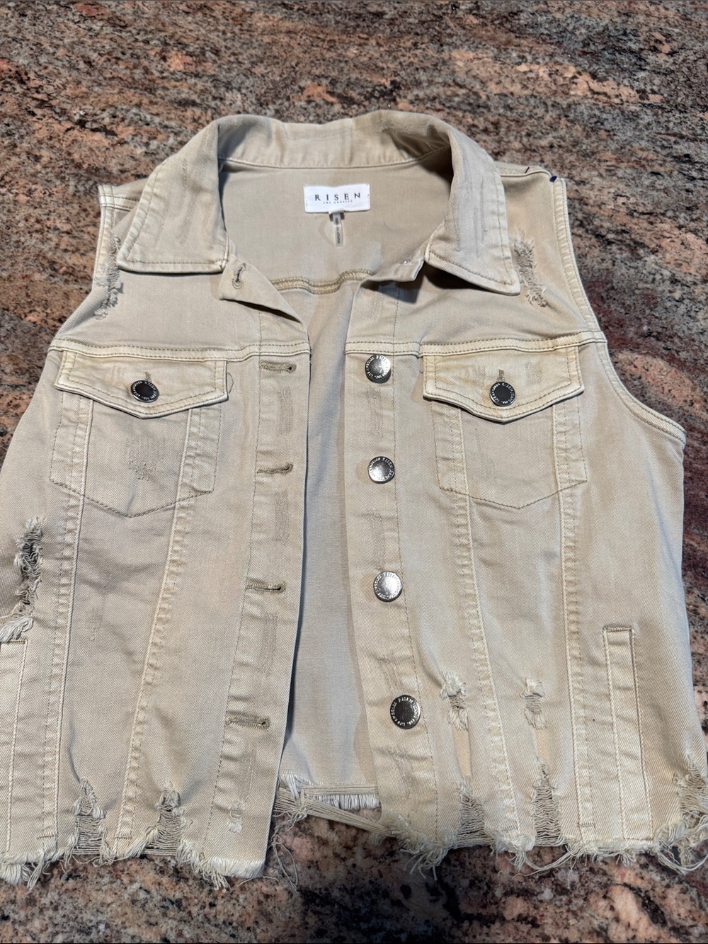 RISEN Distressed Beige Denim Vest - Sleeveless Trucker Jacket